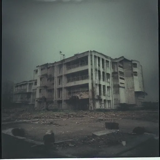 Prompt: polaroid of a Terminator T-800, abandoned hospital on the background, dark, moody, foggy, scary