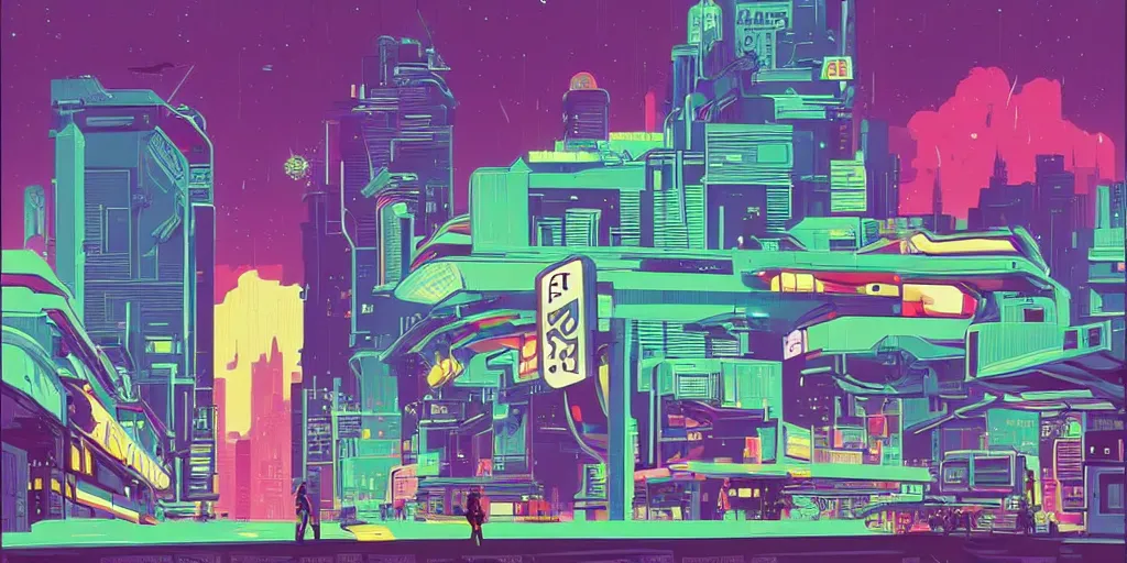 Image similar to unicorn in a futuristic cyberpunk town. By Tom Whalen, highly detailed