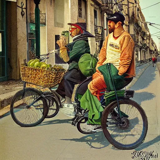 Image similar to a food delivery guy on his bicycle wearing a big green bag at the streets of Lisbon, art by Stephen Hickman