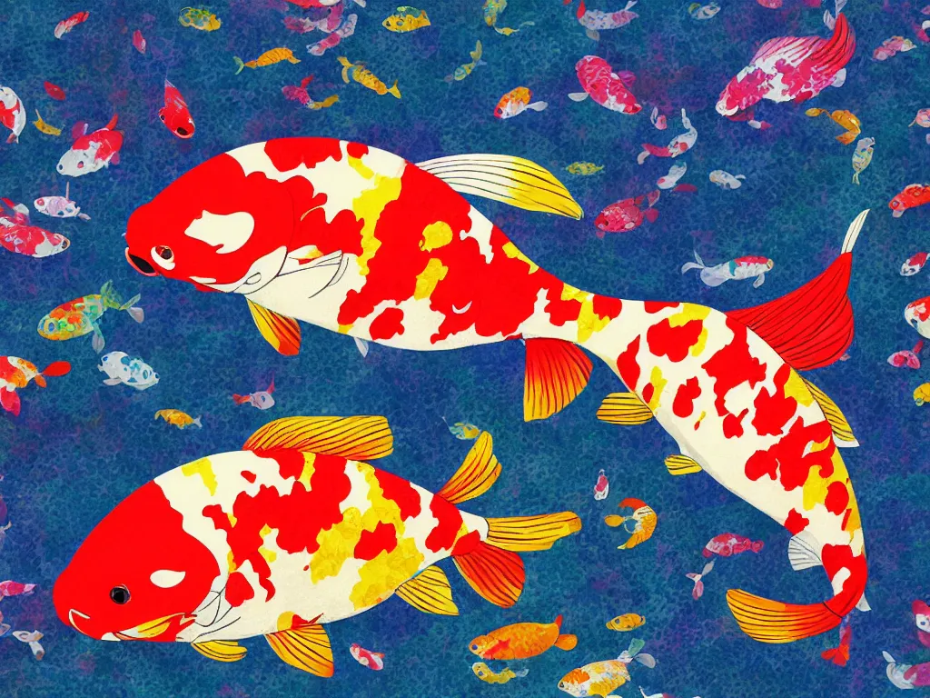 Prompt: colorful koi carp collage illustration pattern, tiny, small, miniature, short, cute and adorable, digital painting, highly detailed, intricate, elegant, artstation, concept art, colorful, beautiful, studio ghibli, aoshima chiho, takashi murakami, manga, cute and adorable