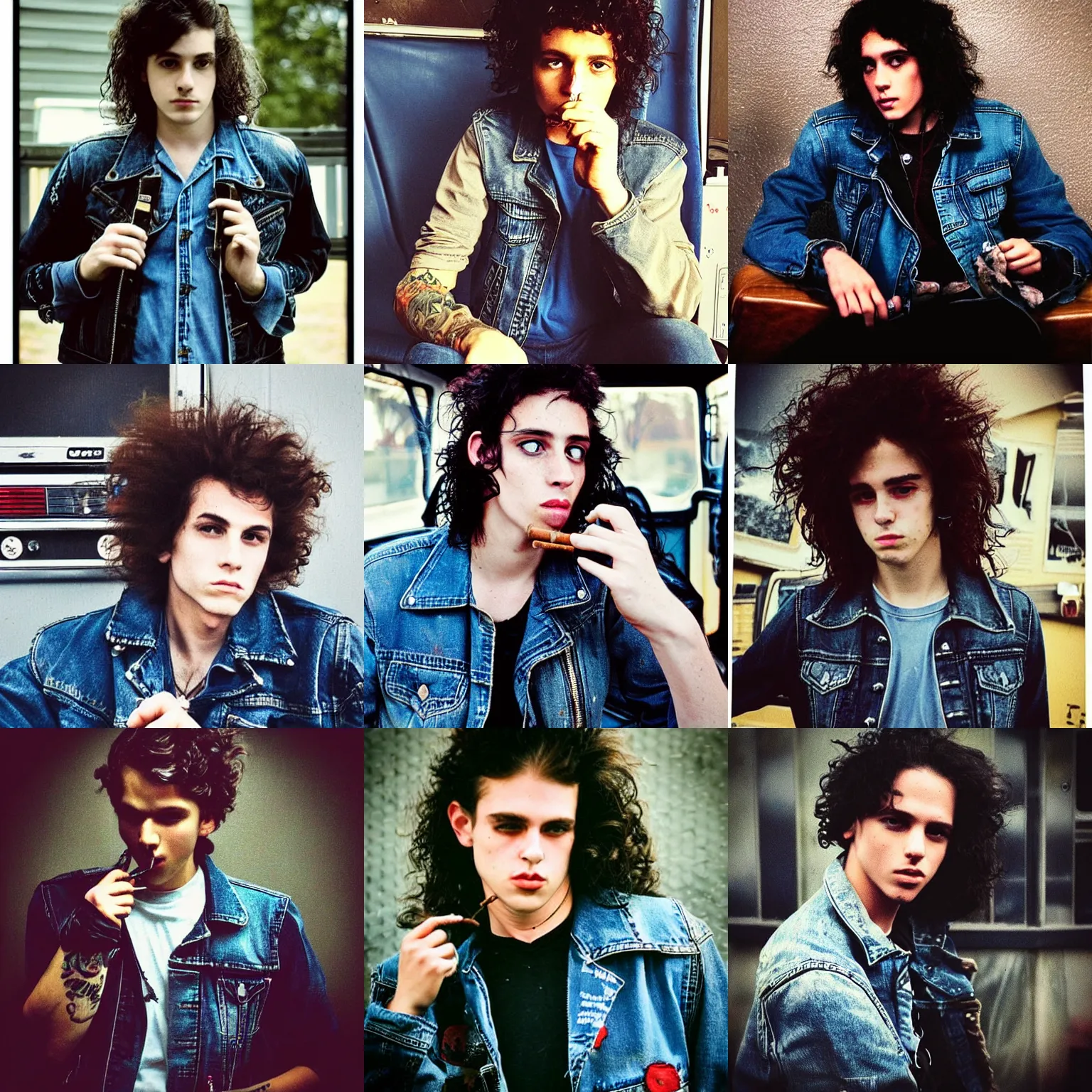Prompt: “Portrait of a pretty punk rock young man with messy long curly dark brown hair and a denim vest over a leather jacket smoking a cigarette in a dark trailer while watching tv, american portraiture, 80s nostalgia”