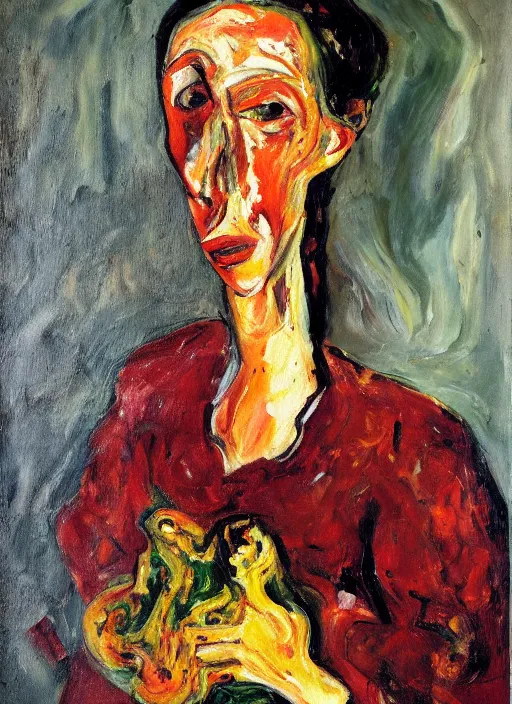 Image similar to an oil painting of a woman looking distressed, intense eyes, in a red dress posing with meat in expressive style of Chaim Soutine and Frank Auerbach, palette of maroon alizarin and dark gray greens, thick impasto painting technique