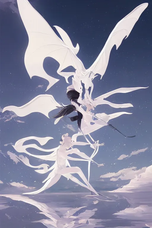 Prompt: vanishing point, white hair eva riding on the white dragon's neck ready to fight, by victo ngai and makoto shinkai, partner, adiant light, minimalist, unreal engine 5, concept art ， highly rendered,, digital painting, artstation, concept art, smooth, sharp foccus, artstation hq