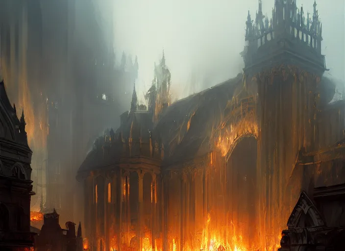 Prompt: the rich golden house burns in fire, volumetric lighting, digital painting, highly detailed, artstation, sharp focus, illustration, concept art, ruan jia, steve mccurry, amazing composition, gothic arch frame