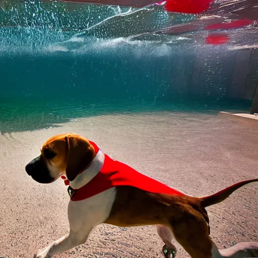 Prompt: beagle dog with red collar swimming in a pool in a house in premia del mar