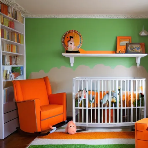 Prompt: interior design baby room, orange and green pastel colours, sunset, safari animals, lion water colours pictures against wall, wood cot and shelves with rocking chair