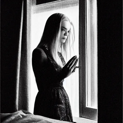 Prompt: Elle Fanning looking out the window of her hotel bedroom, dark, occult, rainy night, somber lighting, by Edward Hopper