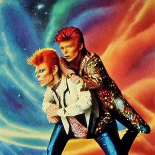 Prompt: david bowie giving a piggy back ride to ziggy stardust. glam rock. cosmic. psychedelic. disney. thomas kinkade.