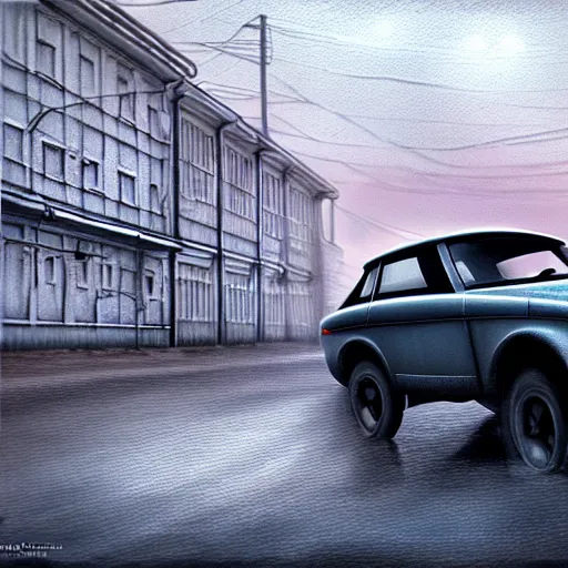 Prompt: A photo of car of a form horse, street on the space orbit, soviet Norilsk, very very beautiful, by Evgeny Zubvkov, elegant, highly detailed, digital painting, artstation, concept art, smooth, sharp focus, illustration