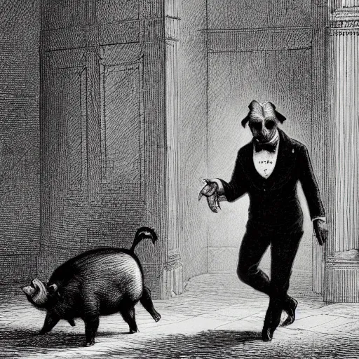 Image similar to a pig walking on two legs, creepy atmosphere, dressed in a tuxedo, dark, close-up, realistic, very realistic, illustration by Gustave Doré