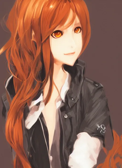 Image similar to portrait illustration by shigenori soejima, beautiful girl, fox ears, focus on face, pretty, cinematic lighting, painterly, long wavy orange hair, light brown trenchcoat