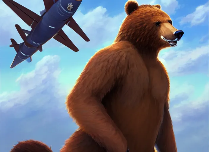 Image similar to character portrait feature of the anthro male anthropomorphic kamchatka brown bear fursona wearing airline pilot outfit uniform professional pilot character design stylized by charlie bowater, ross tran, artgerm, and makoto shinkai, detailed, soft lighting, rendered in octane