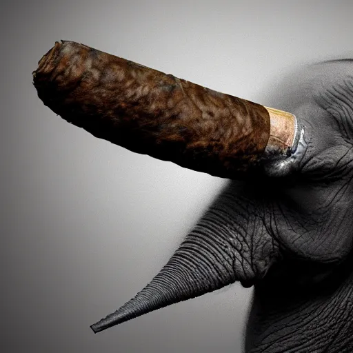 Prompt: ultra realistic nature photography, picture of ( subject : a cigar smoked by an elephant in a cigar lounge ). smokey atmosphere, small thick clouds of cigar smoke, artstation, focus on the cigar, extremely detailed and crisply sharp cigar, hyperrealistic smoke, sigma, 4 k