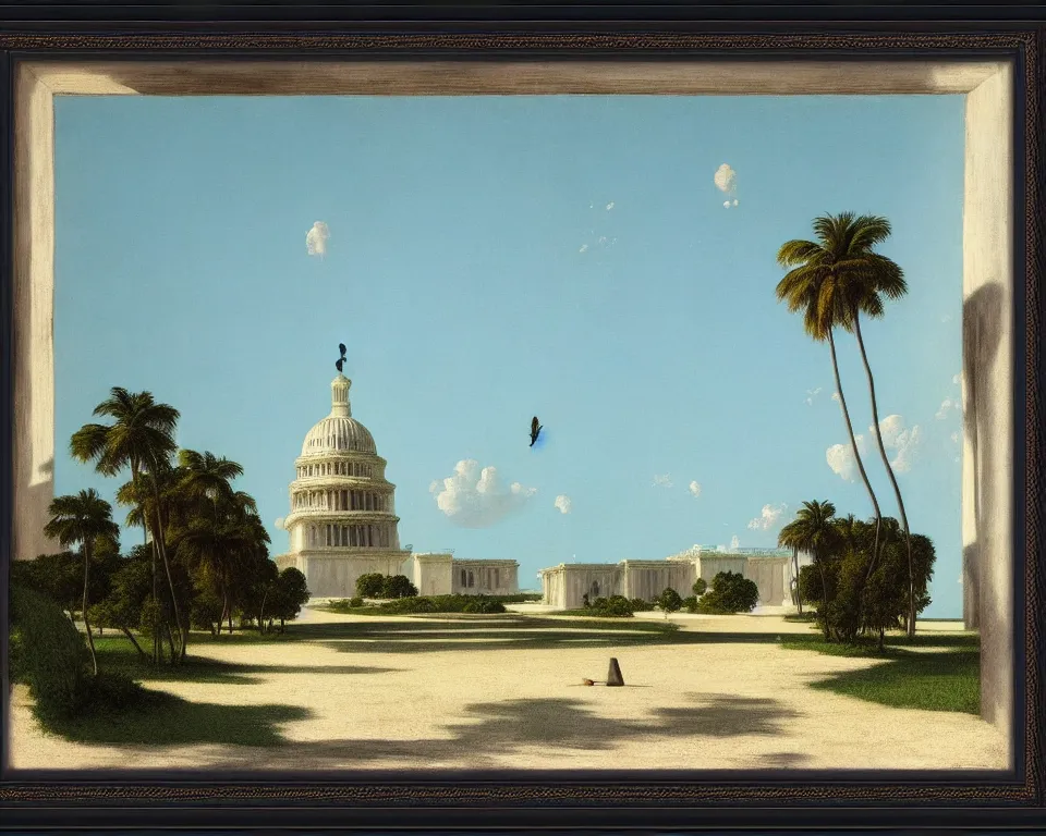 Image similar to an achingly beautiful print of a ruined U.S. Capitol in the Maldives by Raphael, Hopper, and Rene Magritte. detailed, romantic, enchanting, trending on artstation.