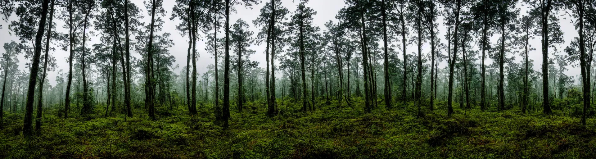 Image similar to a wide landscape shot of a forest with a rainy sky in the background