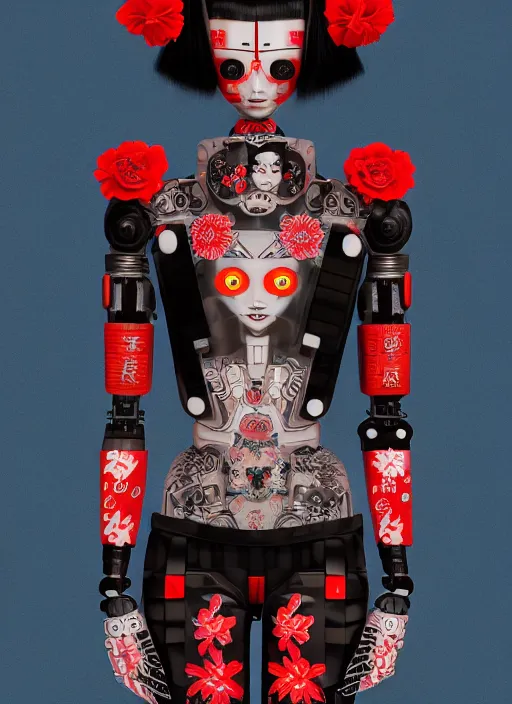 Image similar to full body portrait of a gothic japanese robot geisha with kanji tattoos and decals wearing a digital pixelated kimono, intricate design, photorealistic, octane render, raytraced, ultra fine detailed, character design, trending on artstation