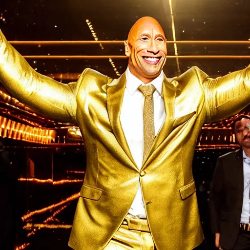 Prompt: dwayne the rock johnson wearing a golden expensive gold suit made entirely of gold walking down the run way, 3 5 mm, paparazzi photo, dazzling lights, dramatic lighting, photorealistic, cinematic scene, gold, super detailed, hyper realistic, bright lights