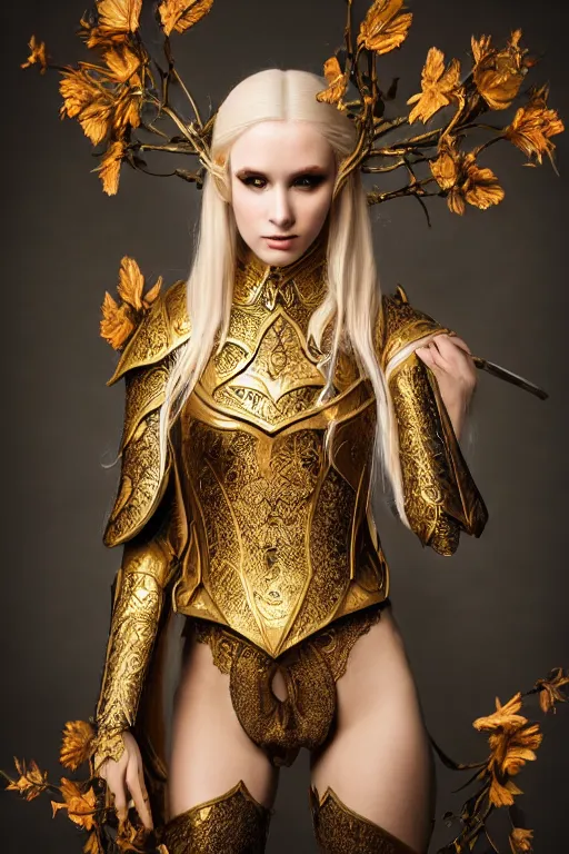 Image similar to very beautiful elven top model, golden hair, wearing alexander mcqueen gothic victorian armor with leaves and flowers, luxury materials, symmetrical, cinematic, elegant, professional studio light, real dlsr photography, sharp focus, 4 k, ultra hd, sense of awe, high fashion