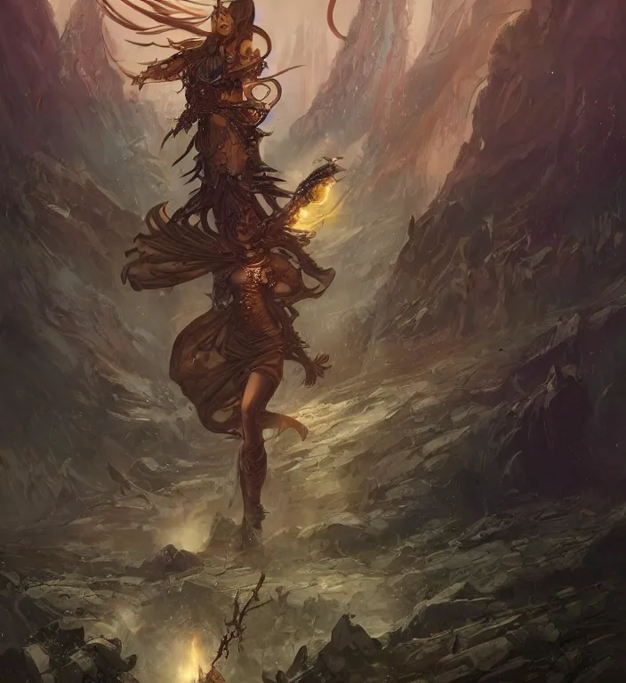 Image similar to full body illustration of a goddess, tarot card, dark souls colour scheme, establishing shot, coherent, high detailed, peter mohrbacher, kerem beyit, Karol Bak, Chris Cold, james gurney, dan mumford, featured on artstation