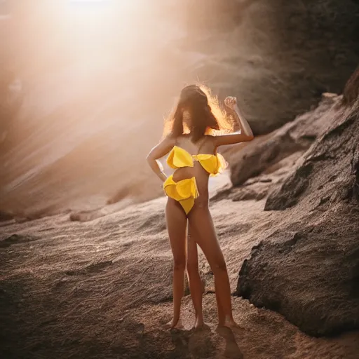 Prompt: a woman posing, brown hair, yellow skin, wearing a bikini, backlit, photo by Marat Safin, Canon EOS R3, f/1.4, ISO 200, 1/160s, 8K, RAW, unedited, symmetrical balance, in-frame