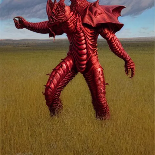 Prompt: The red dragon standing in an open field, portrait art by Donato Giancola and James Gurney, digital art, trending on artstation