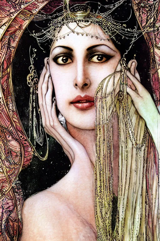 Prompt: detailed portrait of mata hari closeup face surrounded by swirling sari fabric frame, art by luis royo and walter crane and kay nielsen, watercolor illustration, sharp focus