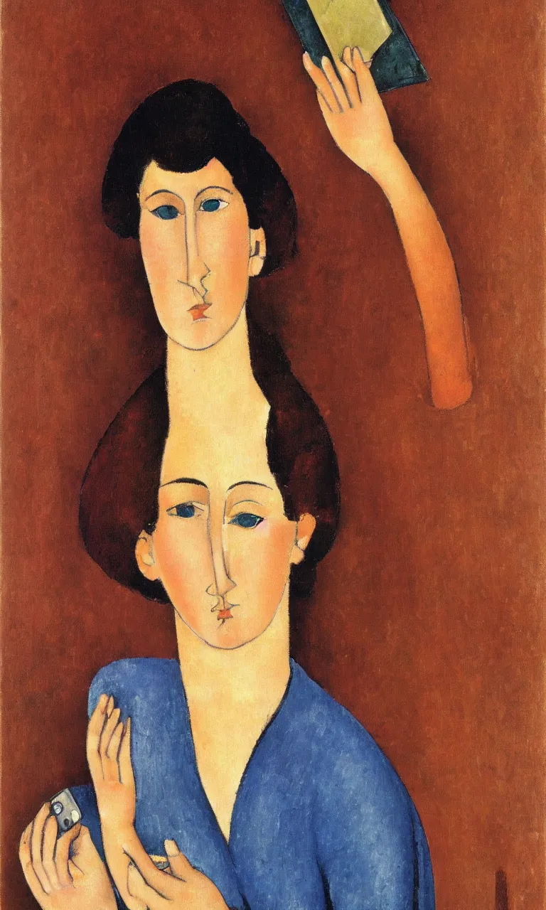 Image similar to amedeo modigliani. close up portrait of a woman with brown hair and a blue rollneck sweather holding an iphone in her hand. very soft brush.