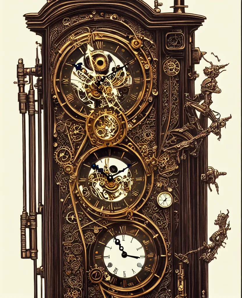 Image similar to ornate steampunk grandfather clock, high details, intricately detailed, by vincent di fate, inking, 3 color screen print, masterpiece, trending on artstation,, sharp, details, hyper - detailed, hd, 4 k, 8 k