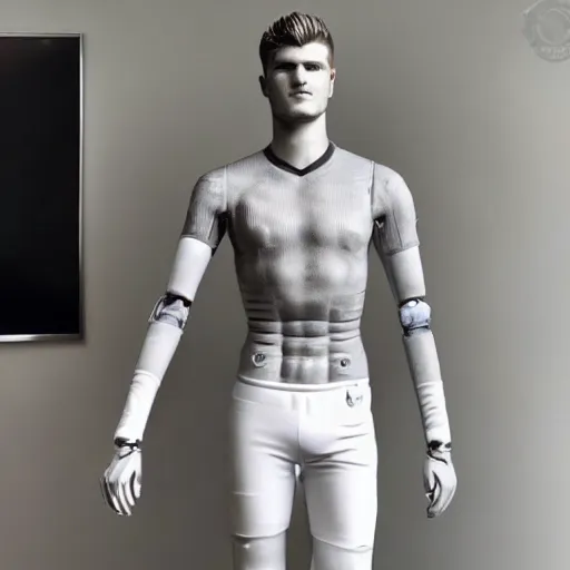 Prompt: a realistic detailed photo of a guy who is an attractive humanoid who is half robot and half humanoid, who is a male android, soccer player timo werner, shiny skin, posing like a statue, blank stare, in a living room, on display, showing off his muscles, with a twin