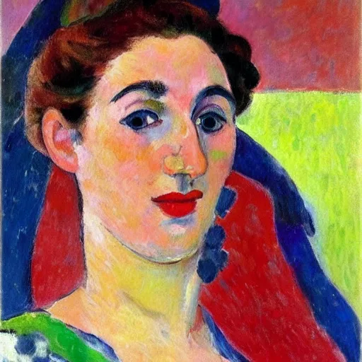 Prompt: A beautiful oil painting of a vivid impressionistic portrait of a woman, she is very beautiful, she smiles and looks straight at us, highly detailed, Matisse, fauvism