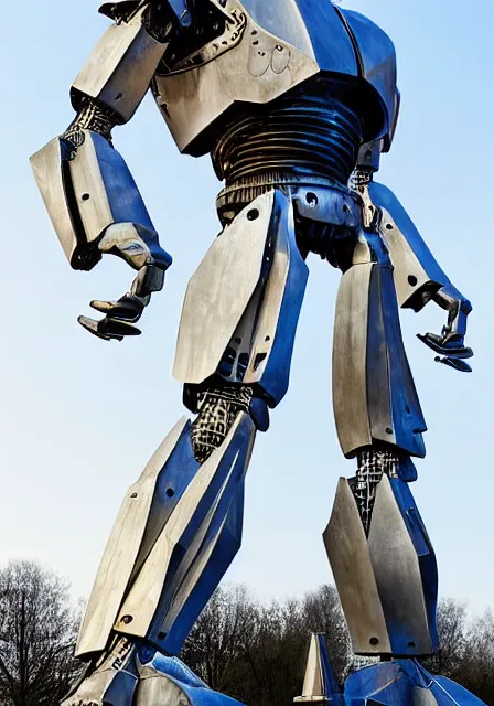 Prompt: The Iron Giant made of shiny white porcelain, HD photograph