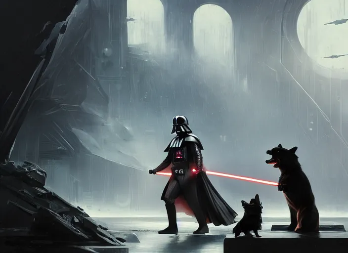 Image similar to a dramatic highly detailed render of darth vader facing off against a cute corgi, futuristic star wars vibe, by WLOP and Artgerm and Greg Rutkowski and Alphonse Mucha, Beautiful dynamic dramatic dark moody lighting, shadows, cinematic atmosphere, Artstation, concept design art, Octane render, 8K, masterpiece, sharp focus, hyperrealistic