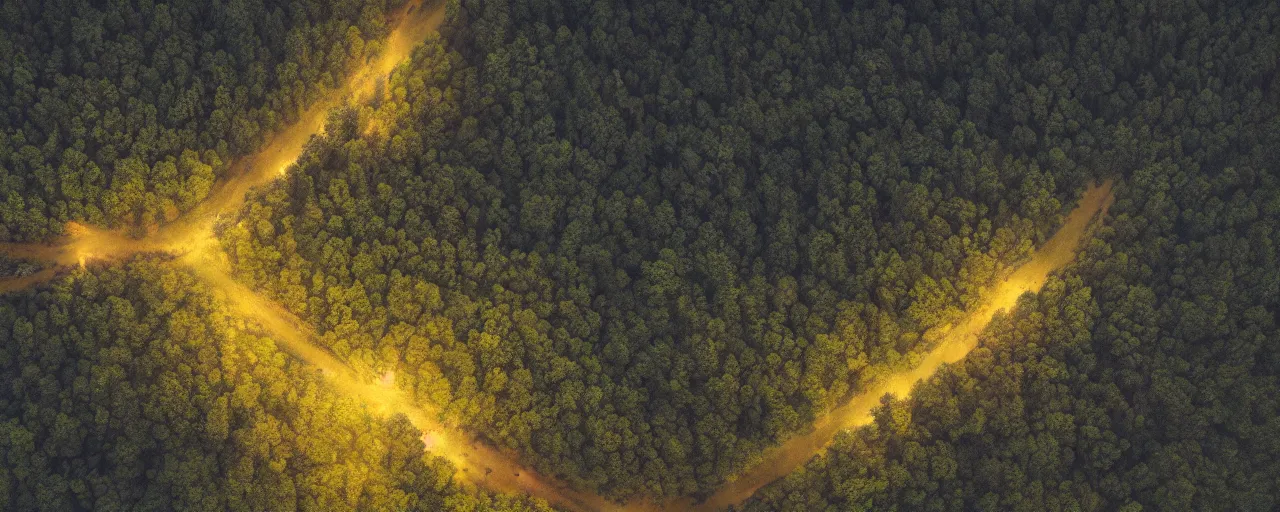 Image similar to a beautiful Landscape at midnight at the mountains viewed from above a forest, extreme long shot, wide angle, by Michael B Karas and Isaac Levitan, conceptart, illustration, high detailed 8K, realistic lighting