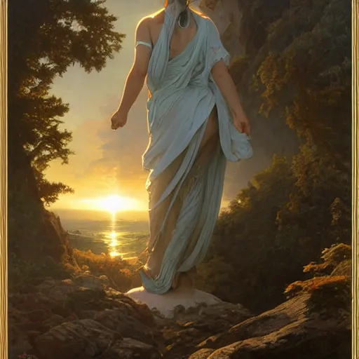 Image similar to an ultradetailed matte landscape painting of mountain sized sculpture of a beautiful and elegant woman, sunrise on the horizon in the background, stone hand raised up, 8 k, art by greg rutkowski and alphonse mucha and andreas rocha and albert bierstadt