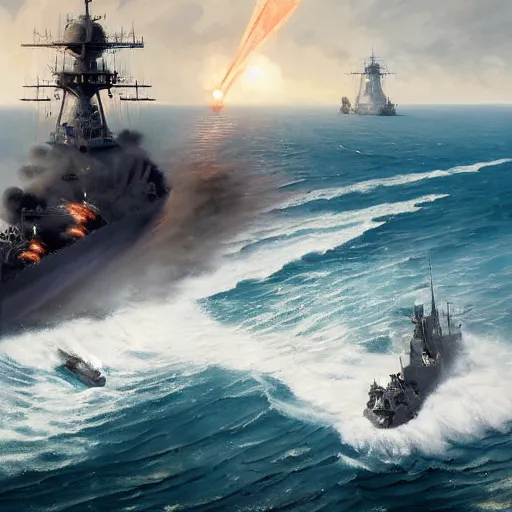 Image similar to an american navy attacking the german navy in ww 2 by greg rutkowski
