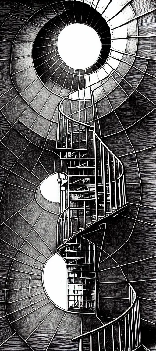 Image similar to a spiral staircase inside a tall circular tower. engraving by gustave dore, kentaro miura. extremely high details, masterpiece, artstation contest winner, black and white, smooth lines, realism, realistic, view from below