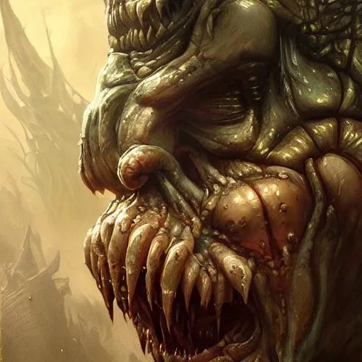 Prompt: Dark Fantasy Painting of a hulking muscular demonic flesh creature with drool dripping from its mouth, creepy, unsettling, horror, upper body, intricate, wild, highly detailed, digital painting, artstation, concept art, smooth, sharp focus, illustration, art by artgerm and greg rutkowski and alphonse mucha