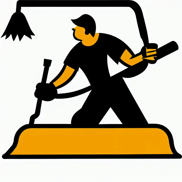 Prompt: janitor holding broom in goalie pose, vector logo, professional NHL sports style, flat bright colours, SVG, professional, sharp edges