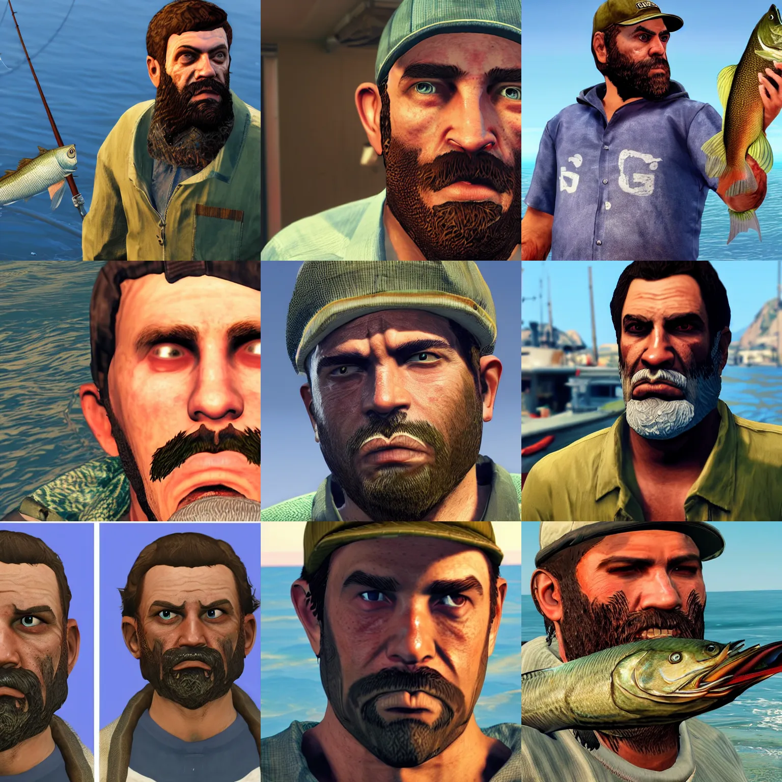 Prompt: 30-year old bearded fisherman caught fish, GTA V character, detailed, closeup