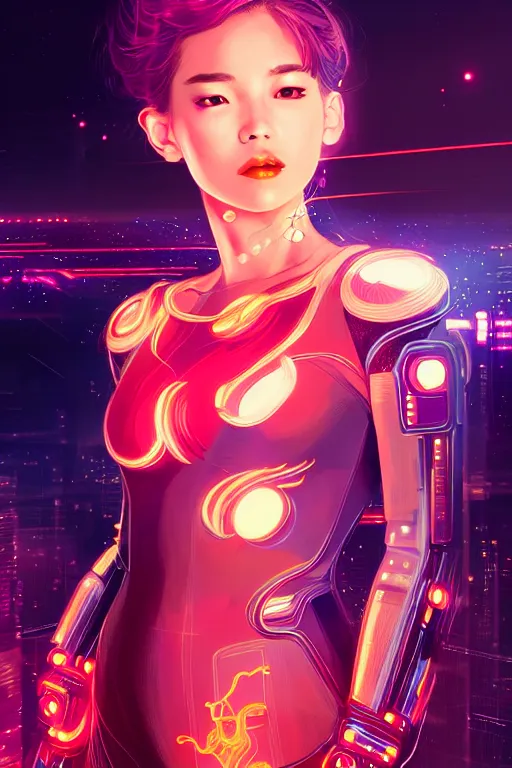 Image similar to portrait futuristic superheroine Girl with fire and sparkles, in future cyberpunk tokyo rooftop , ssci-fi, fantasy, intricate, very very beautiful, elegant, human anatomy, human structure, neon light, highly detailed, digital painting, artstation, concept art, smooth, sharp focus, illustration, art by tian zi and WLOP and alphonse mucha