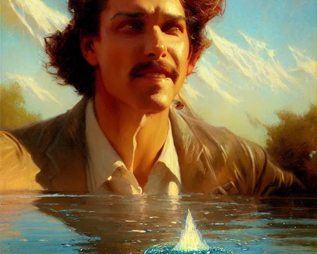 Prompt: attractive magician man, casting water magic, making waves rise from a beautiful lake. highly detailed painting by gaston bussiere, craig mullins, j. c. leyendecker 8 k