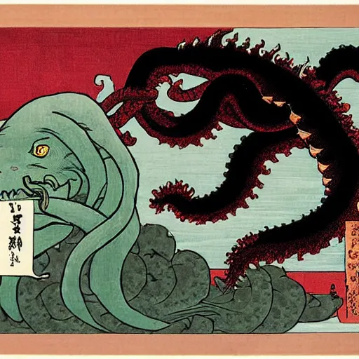 Image similar to ukiyo-e of Cthulhu rising from the depths