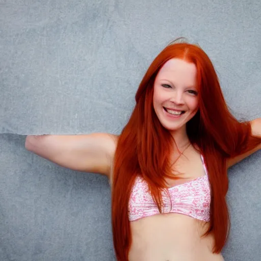 Prompt: Beautiful redhead with long hair, dazzling smile, and swollen belly.