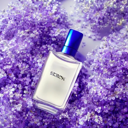 Image similar to perfume bottle surrounded by artistic, blurred blue and lilac flowers, white background, simple path traced, environment, sephora, dior