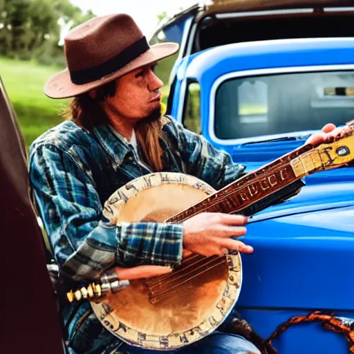 Image similar to A folkpunk brown hound dog playing the banjo in front of a pickup truck