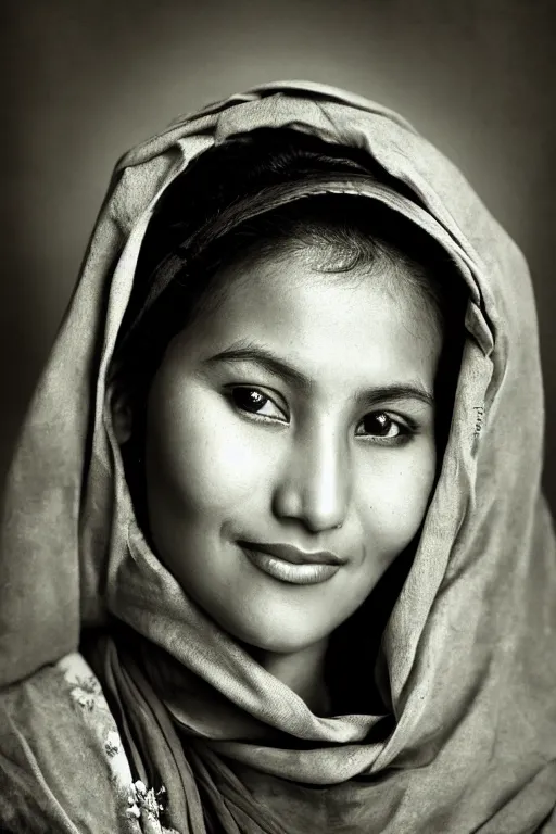 Prompt: photo portrait of dream afgan woman, head centered portrait, enigmatic, smiling, head in focus, shot with hasselblad, 5 0 mm lens, photography, very soft diffuse lights, by yousuf karsh, fine film grain, dark smoky background