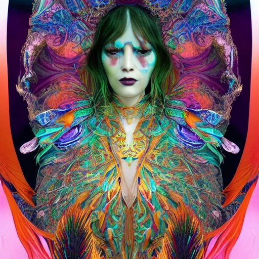 Image similar to A reality bending psychedelic ayahuasca experience, colorful, distorted, surreal, tropical bird feathers, bones and teeth necklaces, dramatic lighting on the face, intricate, elegant, highly detailed, digital painting, concept art, smooth, sharp focus, illustration, art by Krenz Cushart and Wayne Barlowe and alphonse mucha