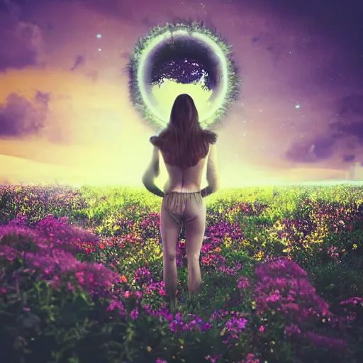 Image similar to A picture of a planet of various flowers, fungus and plants, in which the human figure is dressed in something magical and impressive, inside the picture is infinity, sunset light, Atmospheric phenomenon, artistic photography, muted colors, conceptual