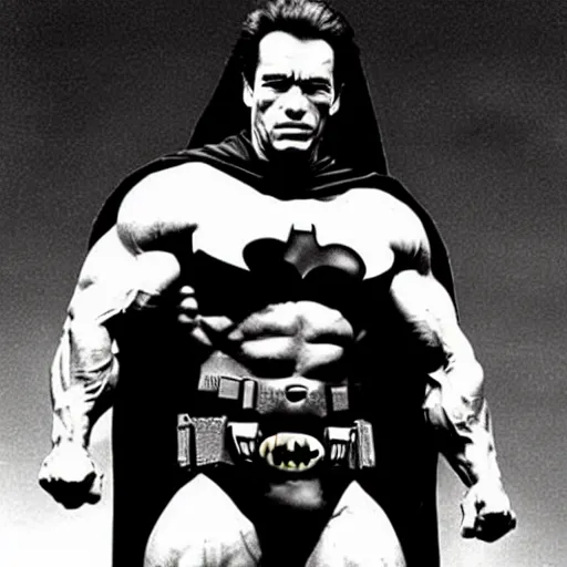 Prompt: Arnold Schwarzenegger as batman bodybuilding