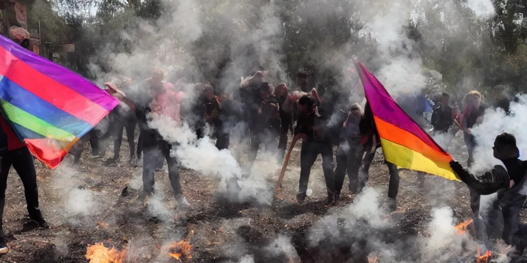 Prompt: a LGBQT Flag burning in Hell